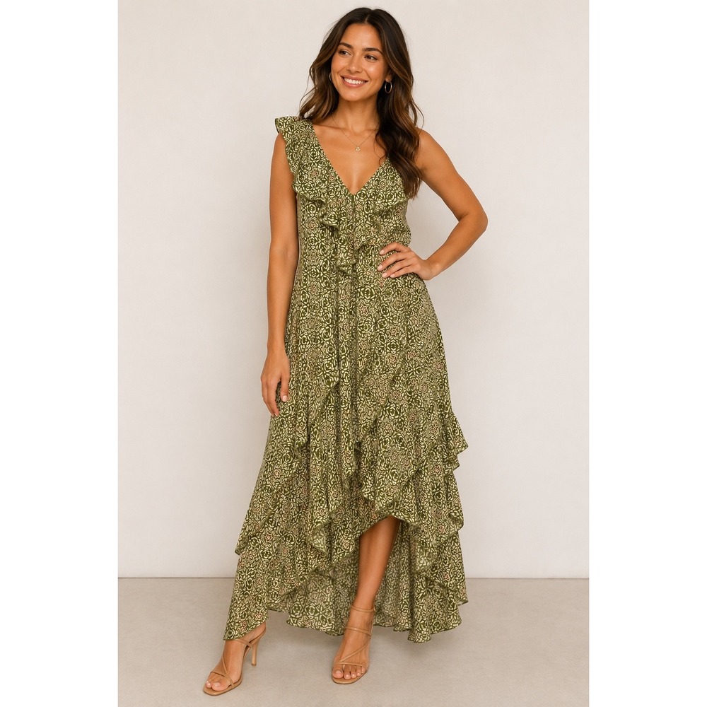 Signature by Robbie Bee Green Ruffle Sequin High-Low Maxi Dress Womens 8